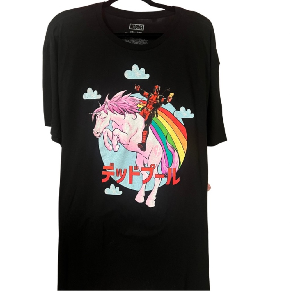 Marvel Black Tee with Deadpool and Unicorn Design